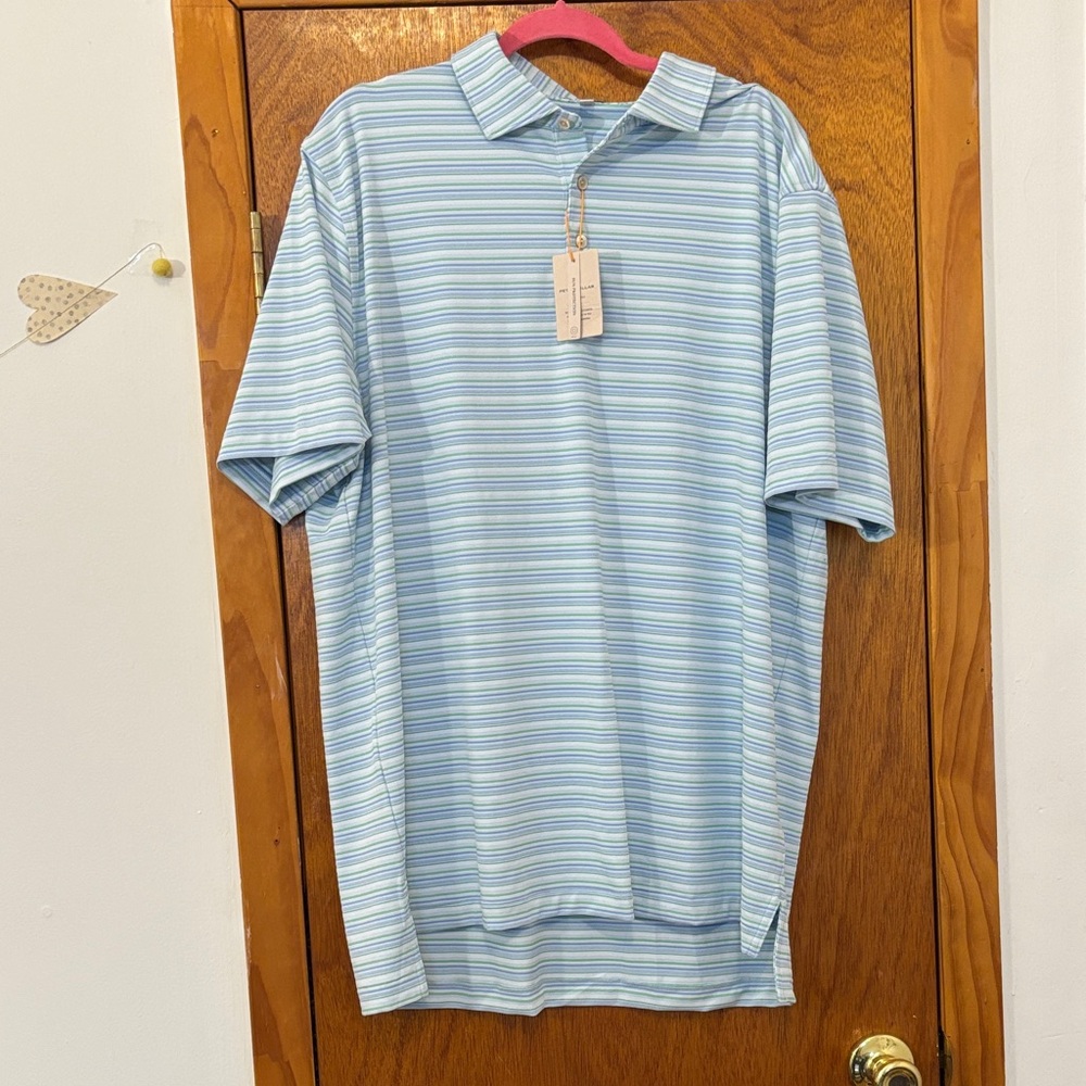 NWT Peter Millar Crown Crafted Summer Comfort Polo with Blue and Green Stripes